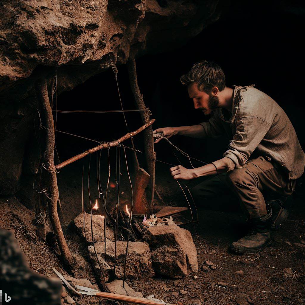 El arqueólogo haciendo una trampa improvisada cerca de la entrada de una cueva. Estilo Rústico y oscuro, con tonos tierra y texturas de roca y madera.